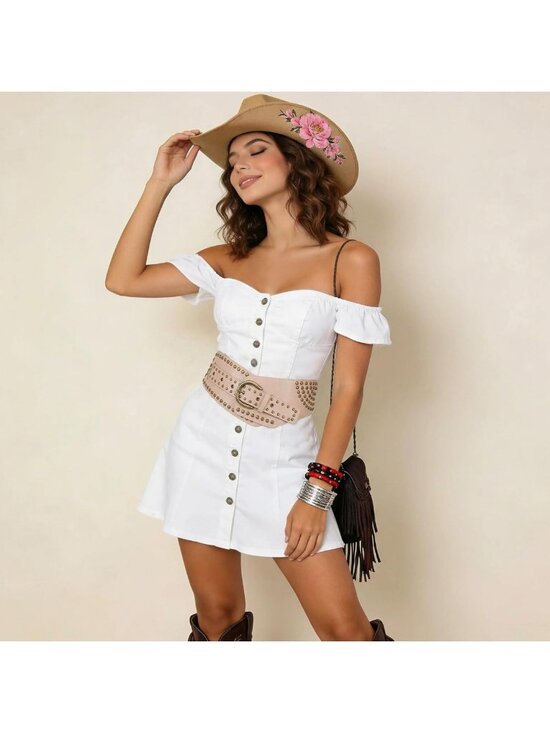 Vintage Wide Elastic Studded Waist Belt | Stretchy Rivets Metal Buckle Fashion main image 5